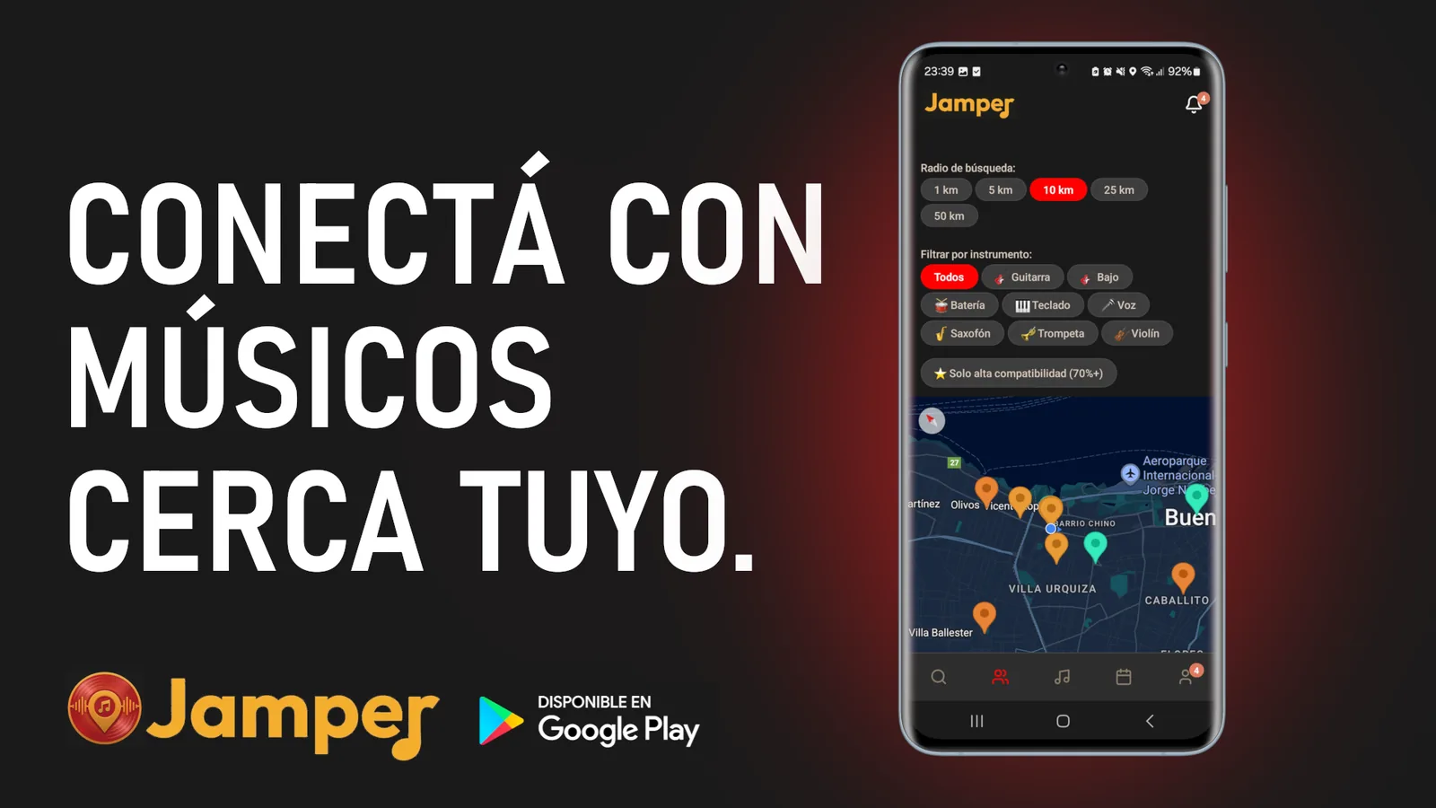 Conectá con músicos cerca tuyo — la app Jamper mostrando músicos en el mapa