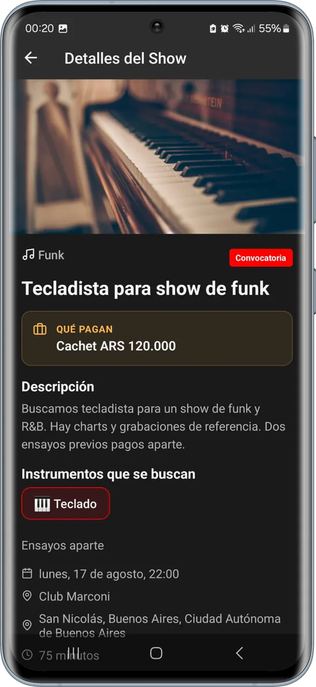 Detalle de la convocatoria en la app, mostrando el cachet ofrecido