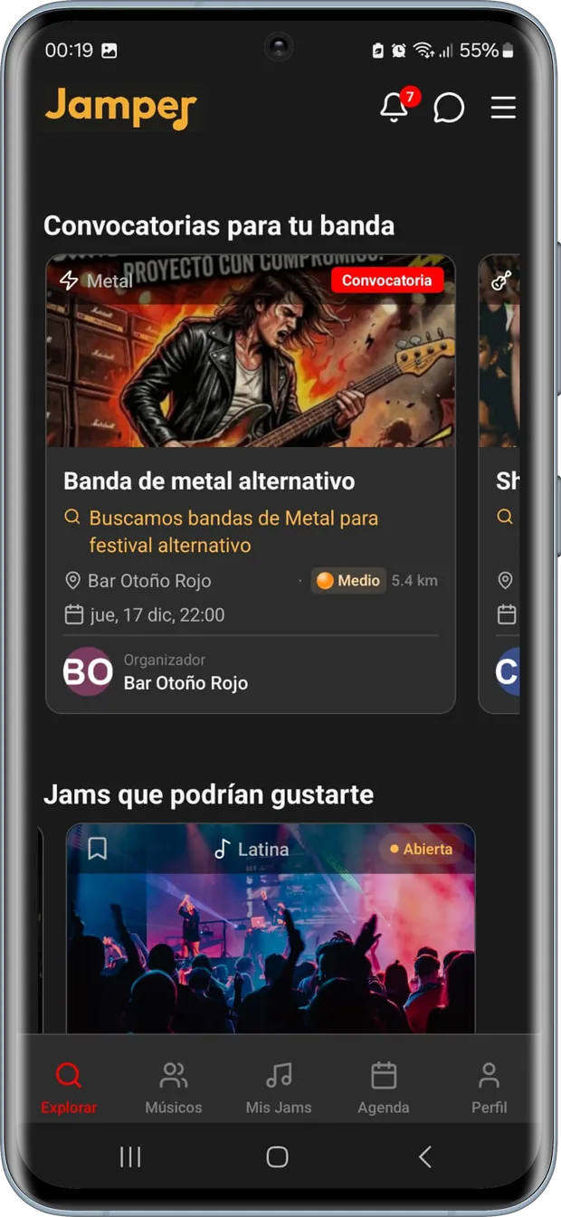 Sección Convocatorias para tu banda en la app, con una fecha publicada por un local