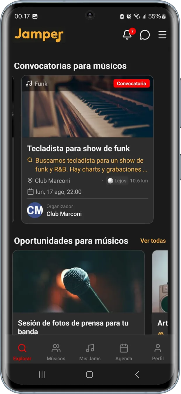 Sección Convocatorias para músicos en la app, con la distancia hasta el local